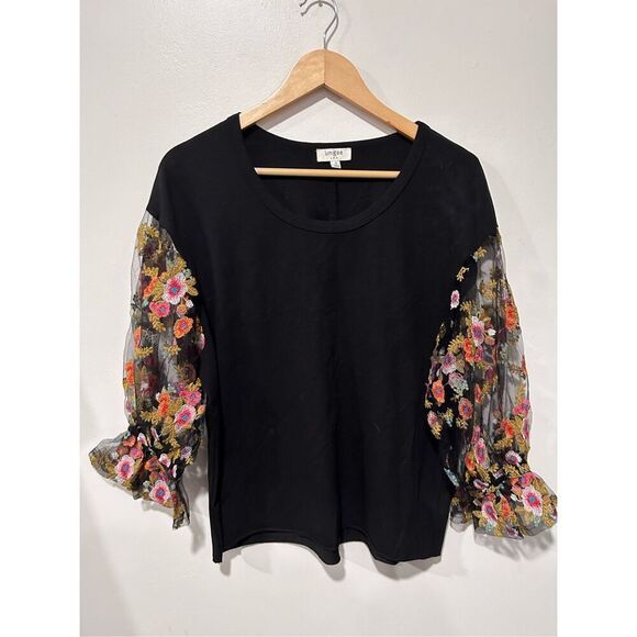 Umgee Sheer Embroidered Floral Balloon Sleeve Black Top Size Small Fairy Cottage - Picture 1 of 13